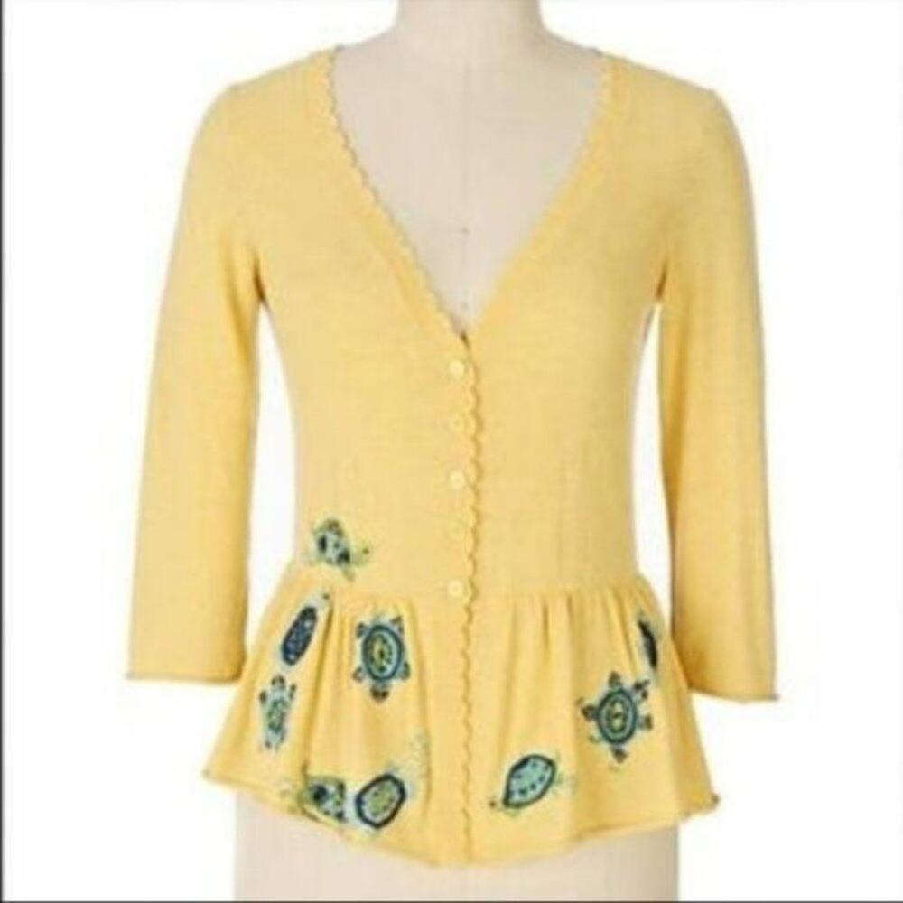 Yellow Anthropologie cardigan sweater knit top SM Moth Turtle Animal Embroidery